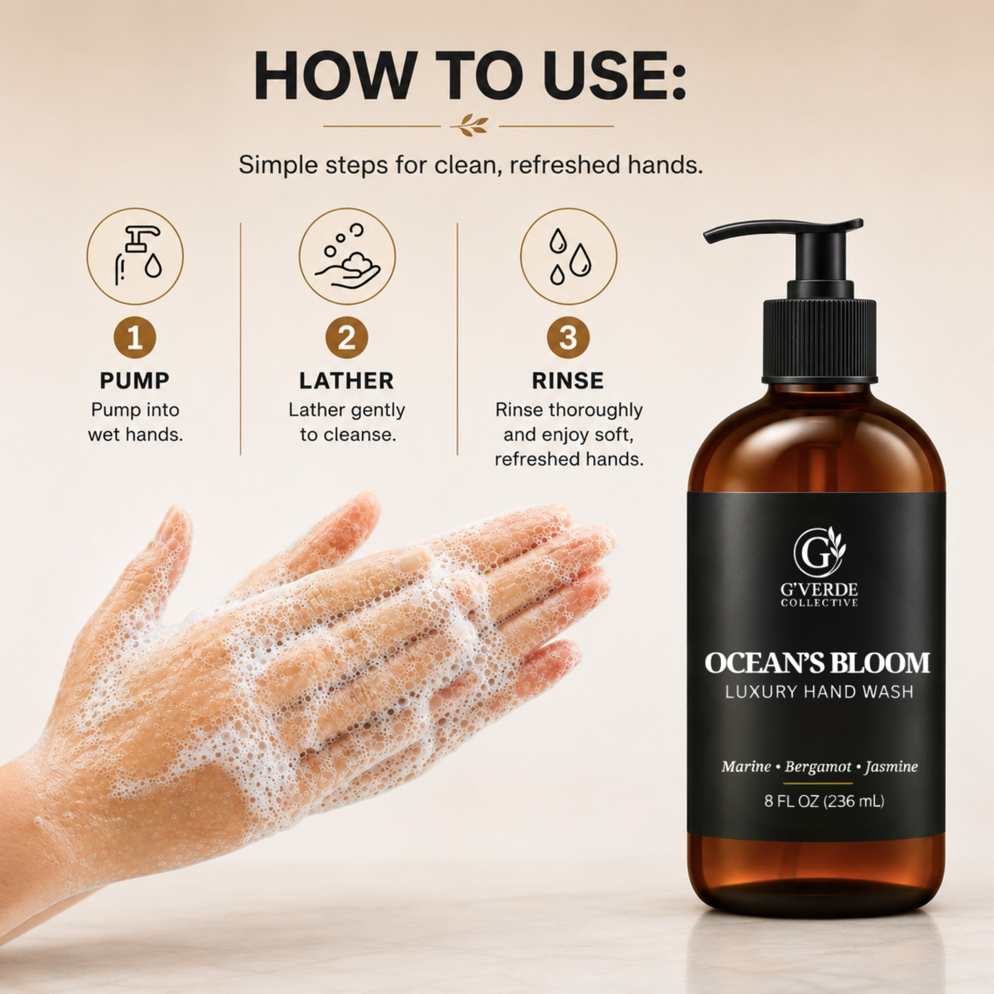 Ocean’s Bloom — Luxury Hand Wash · Airy, fresh & gentle cleanse