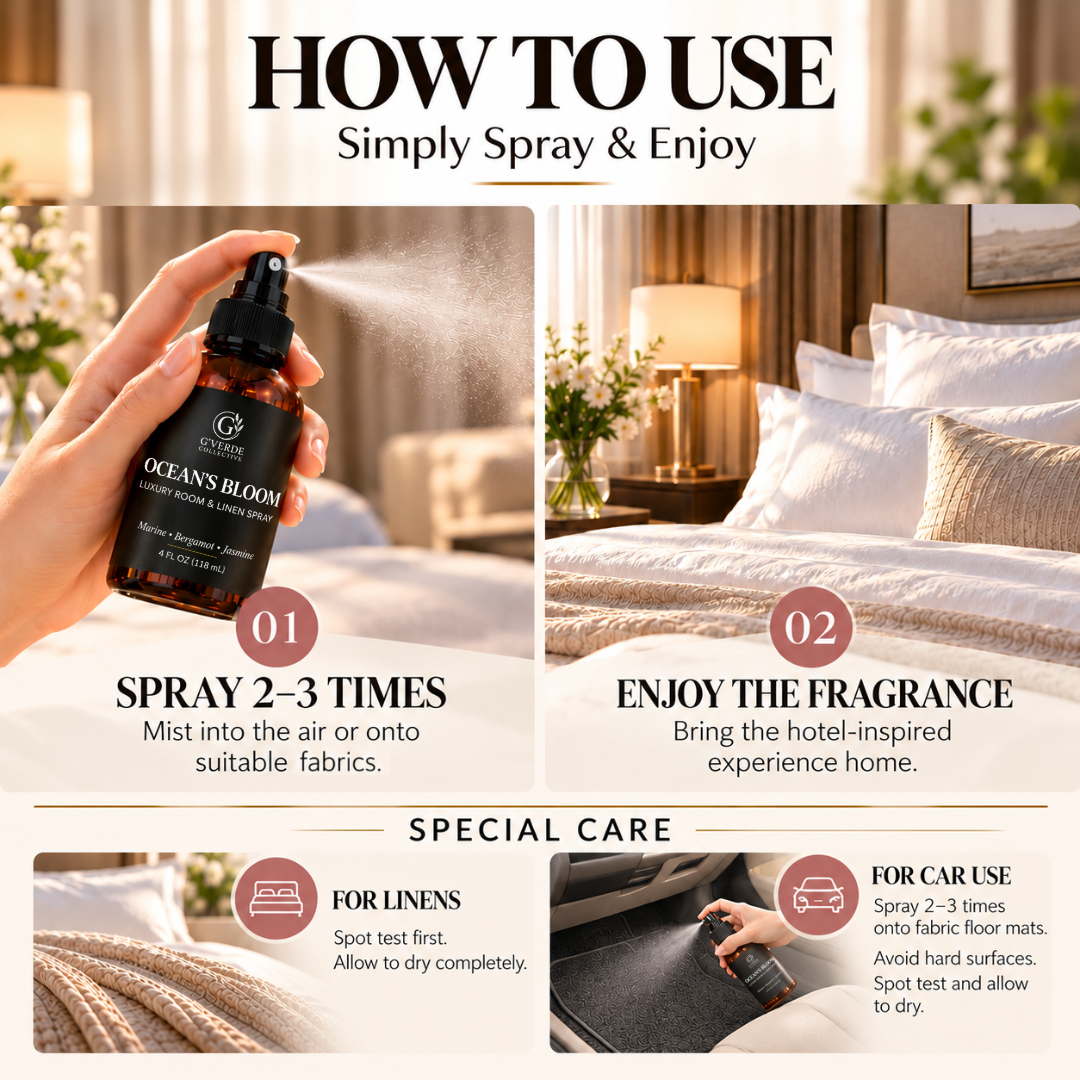 Ocean’s Bloom — Luxury Room & Linen Spray · Airy, Refreshing & Coastal Resort-Inspired Fragrance