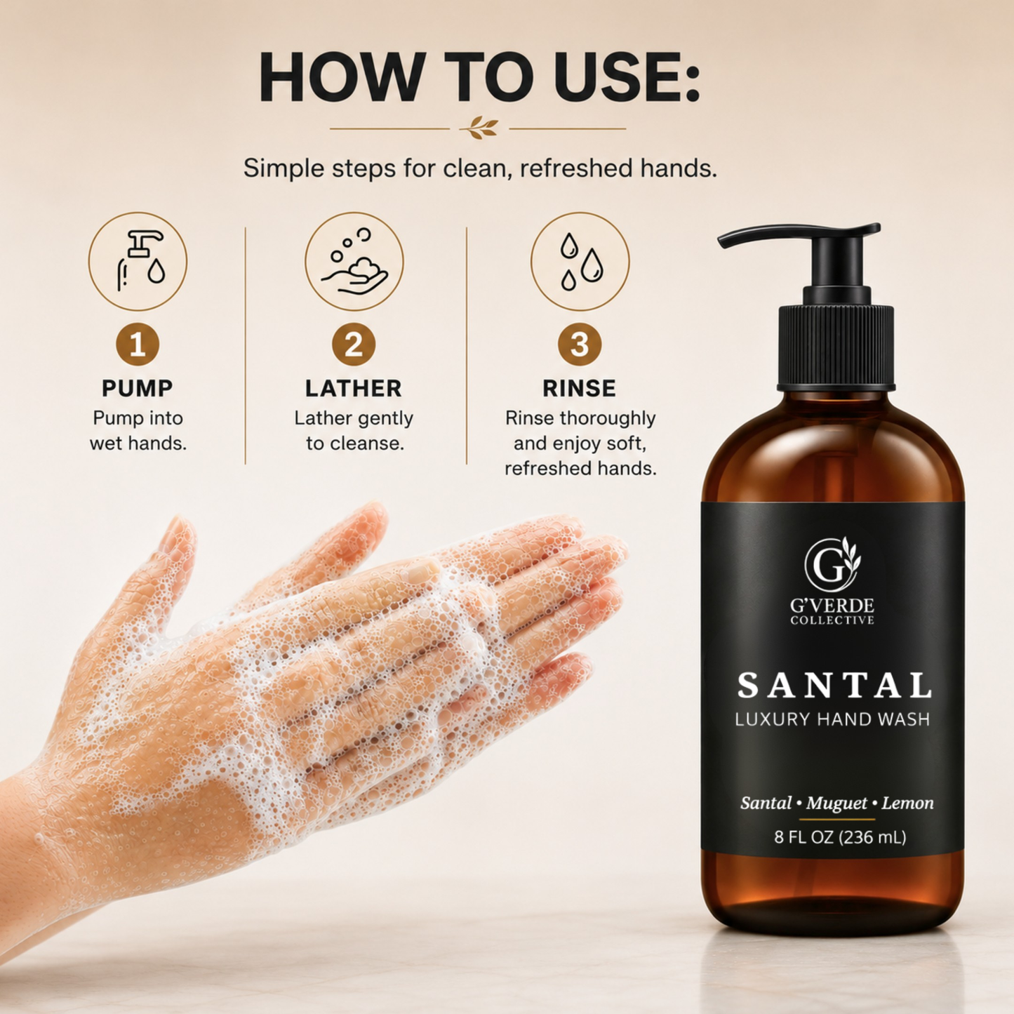 Santal — Luxury Hand Wash · Warm woods & gentle cleanse