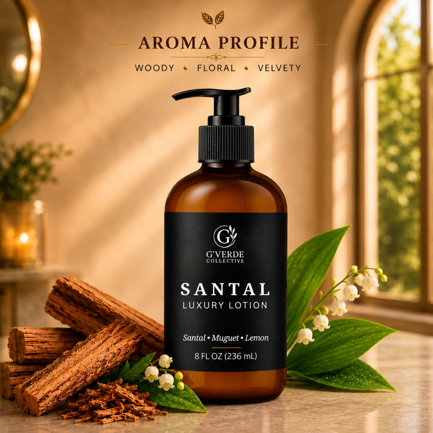 Santal — Hand & Body Lotion · Warm woods & soft hydration