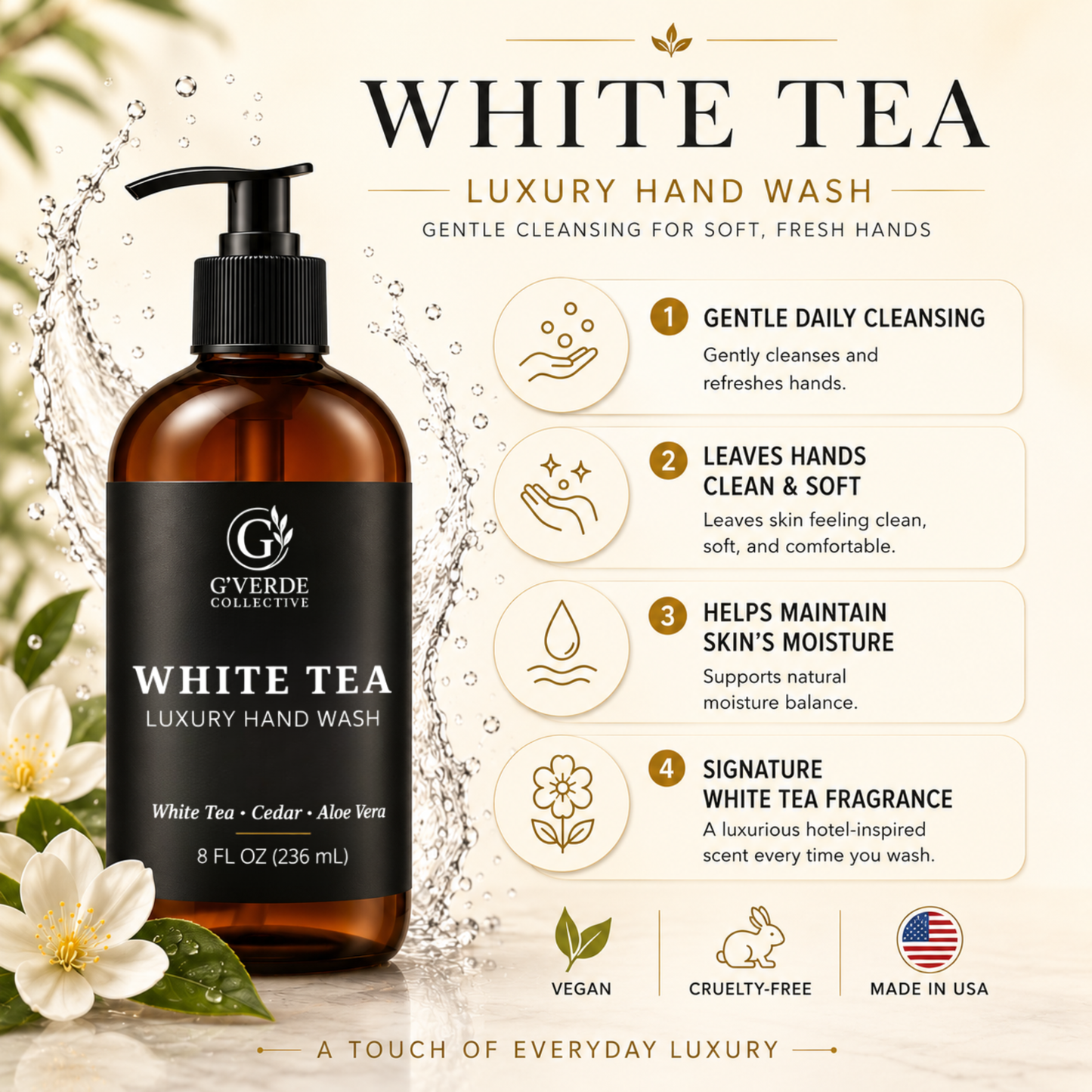 White Tea — Luxury Hand Wash · Soft, calming & gentle cleanse